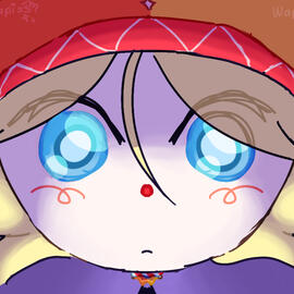 A close-up image of a jester's face in a fisheye lense perspective. They have bright blue eyes, a small red clown-like nose, and short blonde hair that hangs over part of her eyes. A single strand of hair hangs between her eyes and forehead. She's wearing